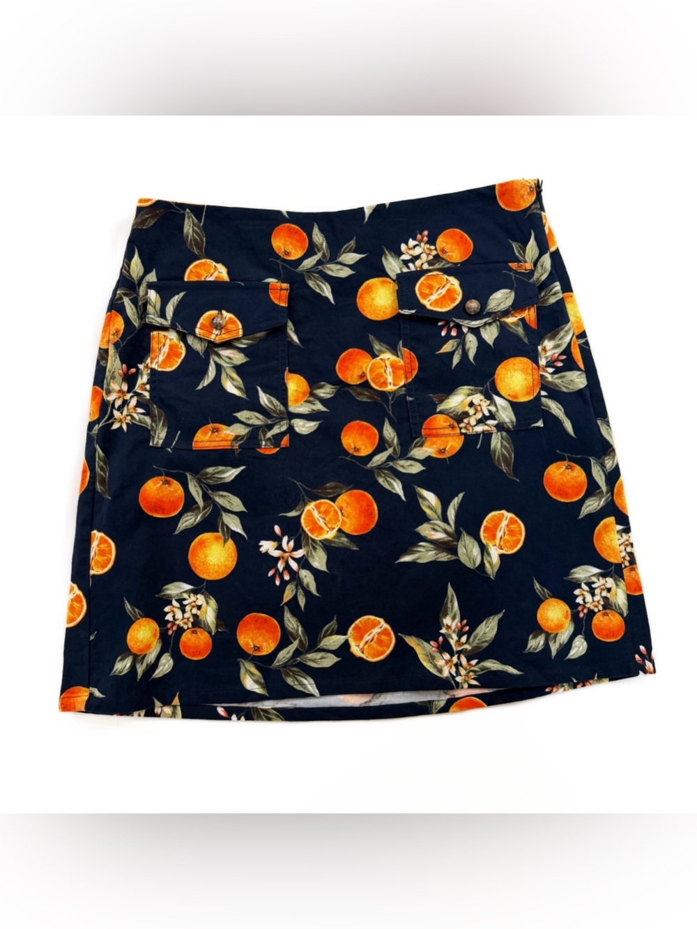 Loft Skirt Womens 10 Navy Blue Orange Fruit Print Utility Mini - Picture 3 of 8